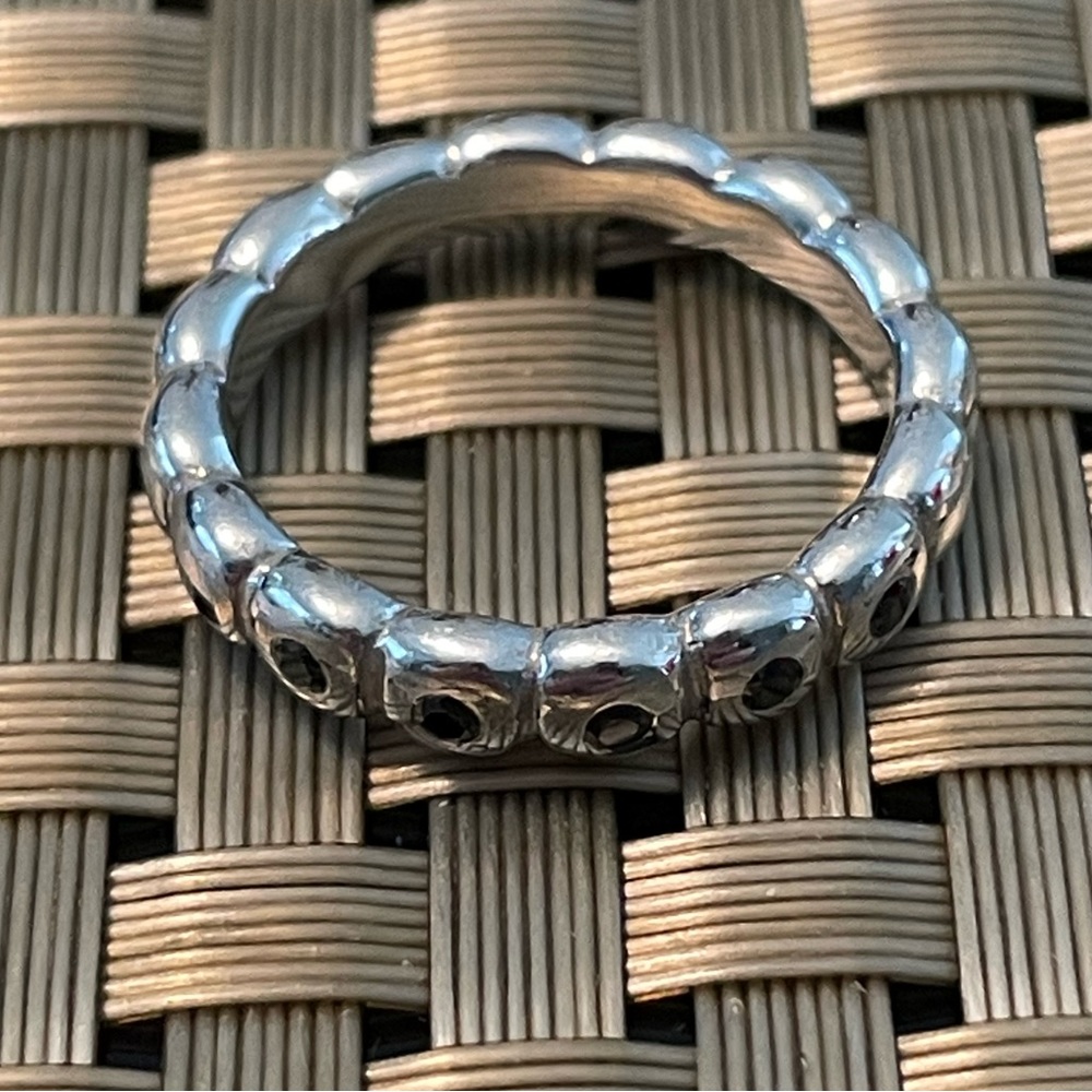 Pandora Silver Ring with Black Round Crystals Size 8 1/2